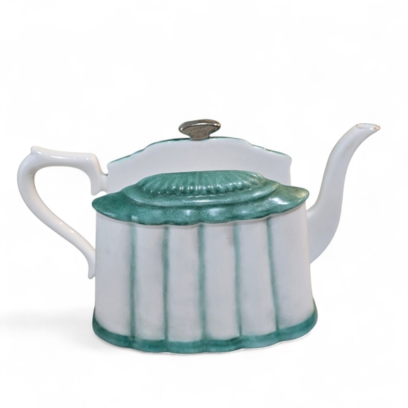Vintage Other - Vintage Ceramic Teapot-Shaped Napkin Holder – White & Green Ribbed Design